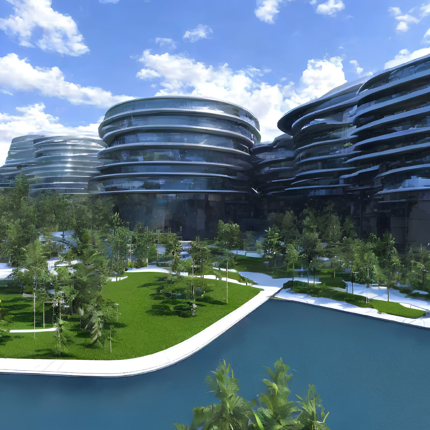 Circular futuristic buildings in green landscape with water features