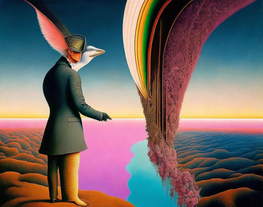 Surreal painting of person with bird-like head in colorful landscape