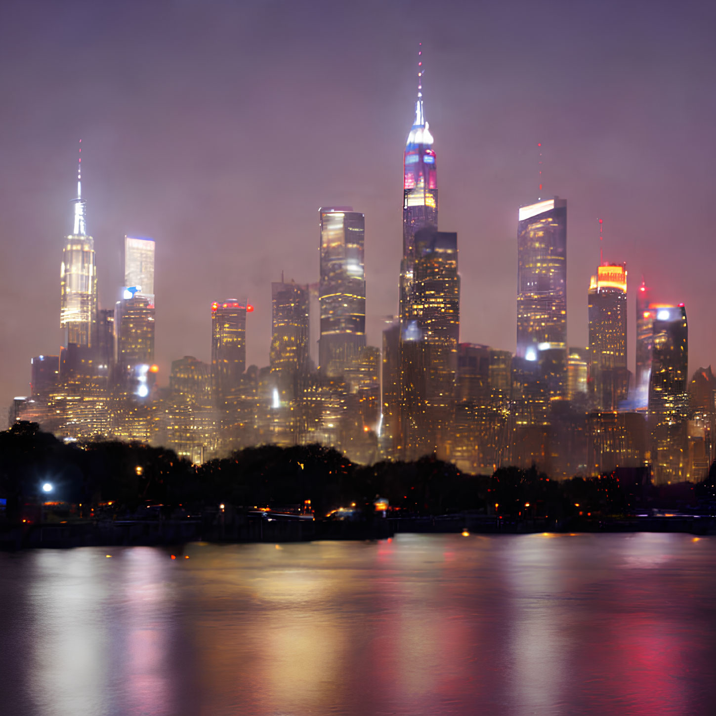 City skyline with illuminated skyscrapers reflected on calm water