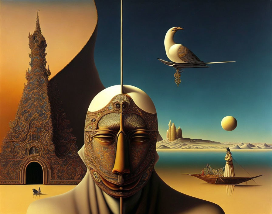 Surreal painting with mask-like face, seagull, structures, and floating couple in desert