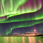 Vibrant green aurora borealis over snowy mountain landscape