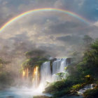 Scenic rainbow over misty waterfall in lush forest