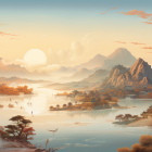 Misty mountains, serene lake, traditional structures at sunrise