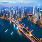 Bustling modern city at dusk with illuminated skyscrapers, bridges, and boats.