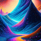 Colorful digital art: surreal landscape under star-filled sky