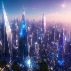 Futuristic cityscape with towering skyscrapers at sunrise