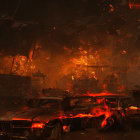 Apocalyptic Scene: Destroyed Cars, Flames, Smoke, Debris