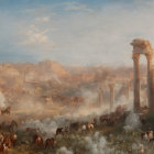 Ancient Roman ruins in idyllic sunrise pastoral scene