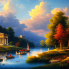 Tranquil sunset river scene with boats, trees, and classical architecture