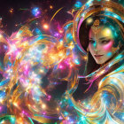 Vibrant cosmic portrait of a woman with golden headgear