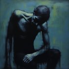 Moody painting of contemplative figure in blue tones