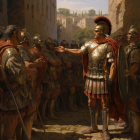 Roman commander in armor leads legionaries in ancient ruins under hazy sky