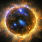 Glowing celestial body with blue nebulae against fiery orange backdrop