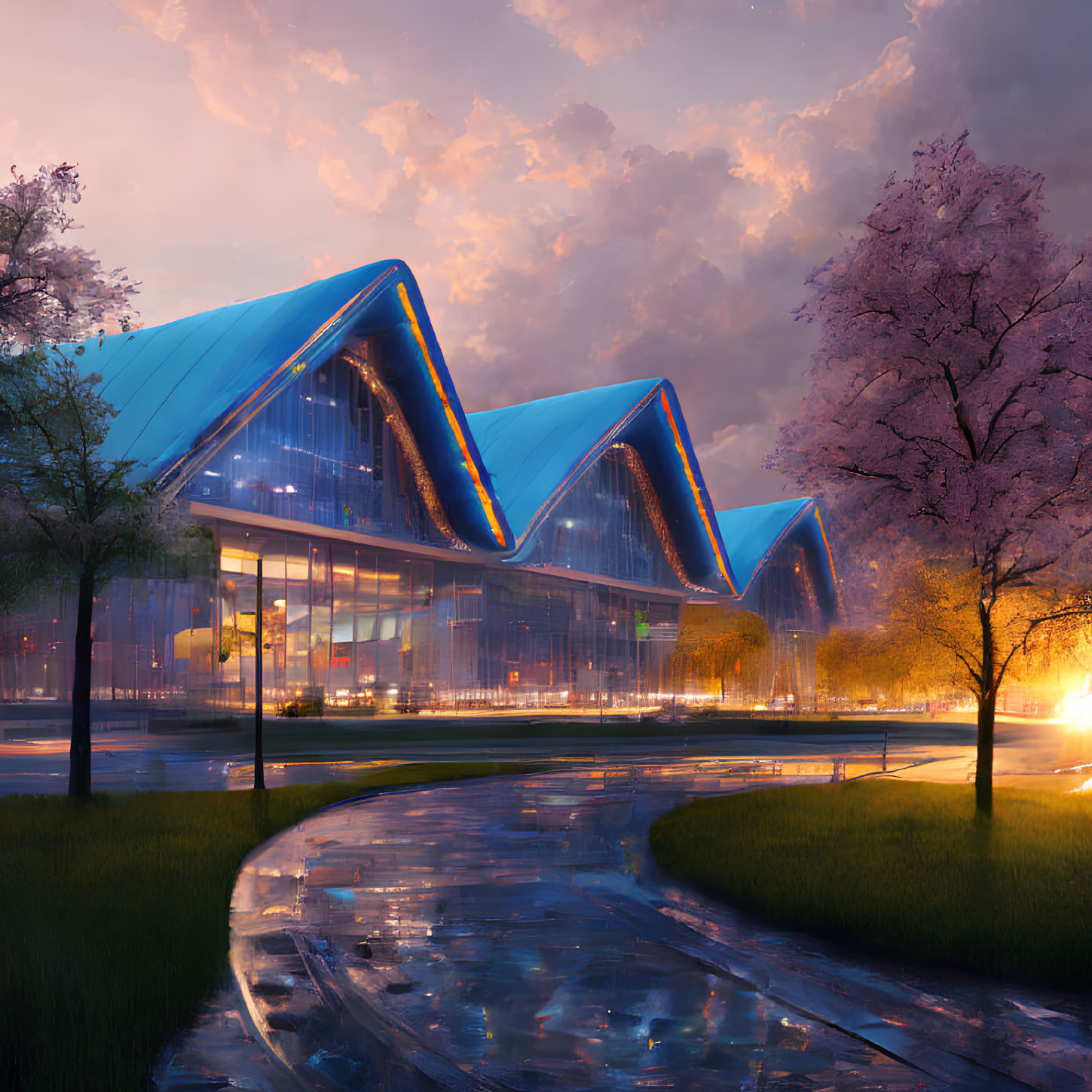 Modern building with blue illuminated edges, glass facade, cherry trees, and twilight sky.