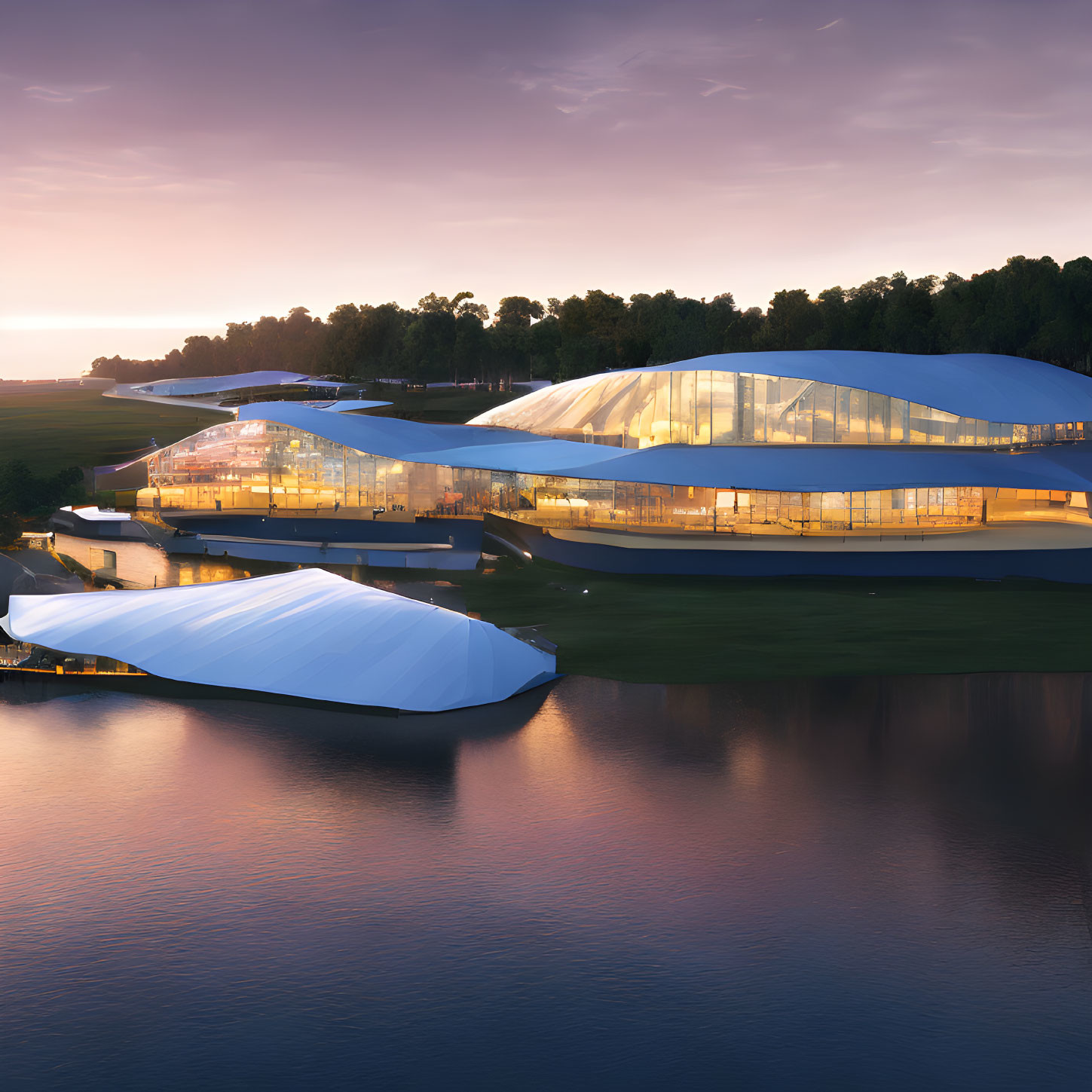 Contemporary architectural design by water at sunset