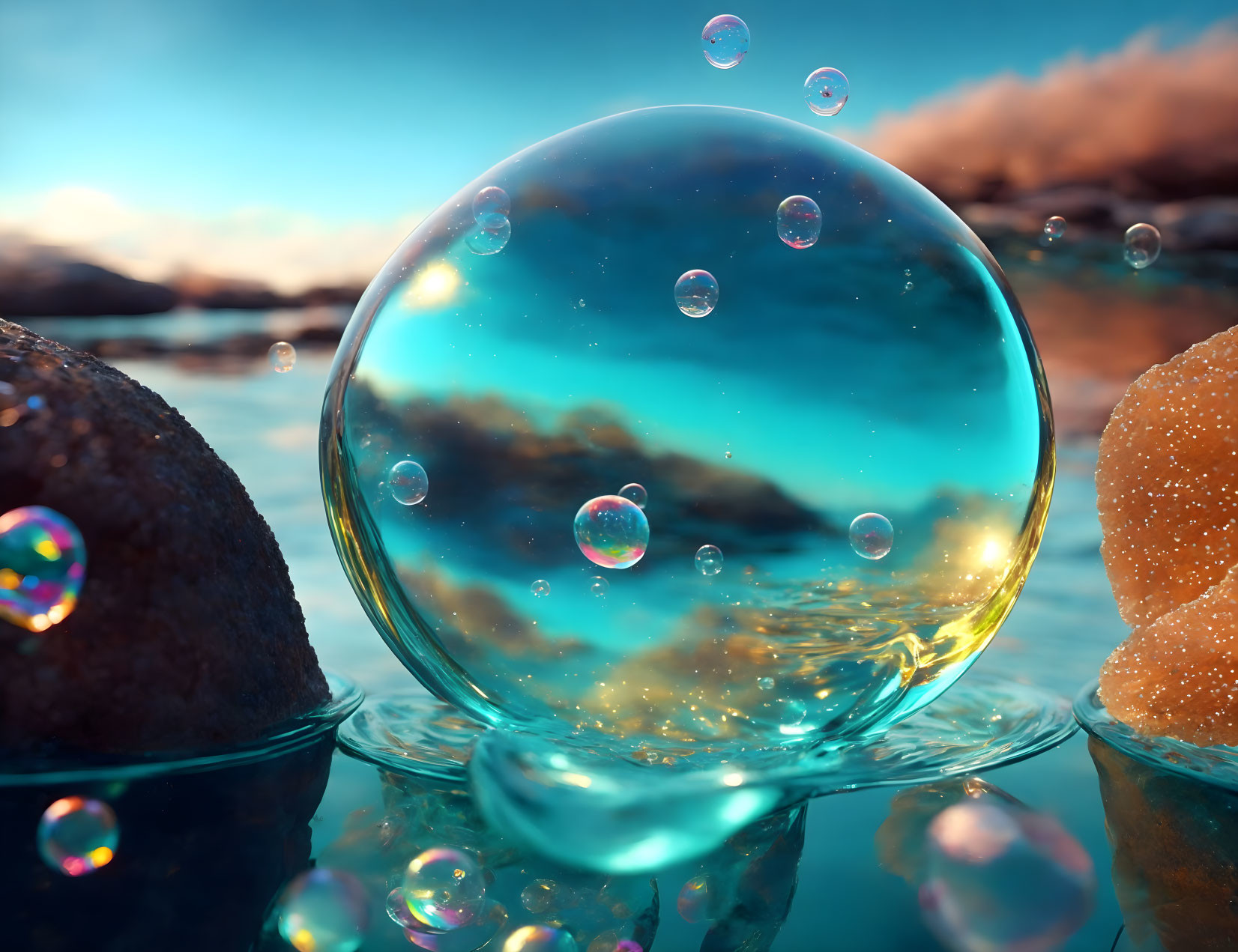 Transparent Bubble Surrounded by Smaller Bubbles on Lake Sunset Sky