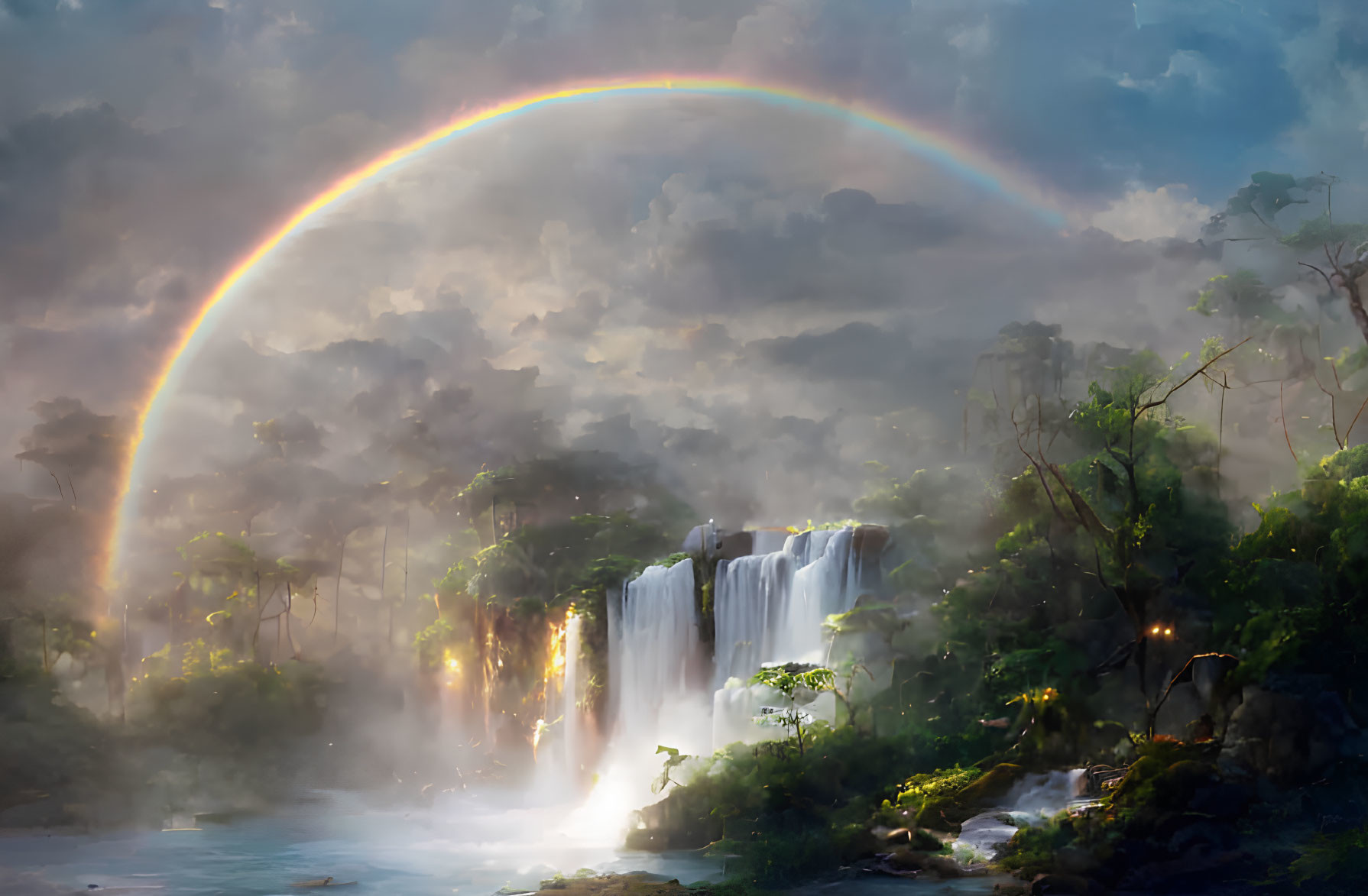 Scenic rainbow over misty waterfall in lush forest