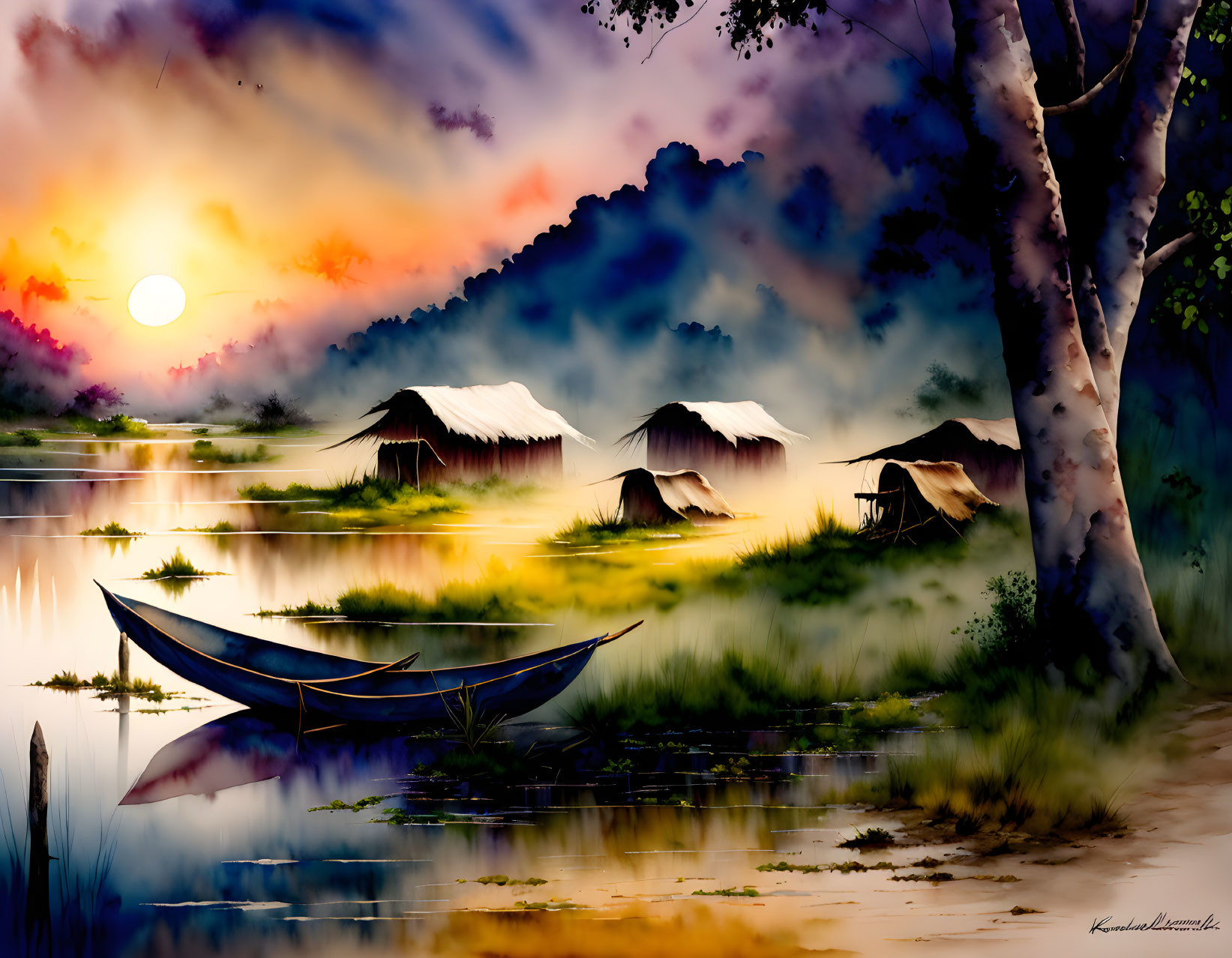 Tranquil sunset landscape with river, boat, huts, lush greenery