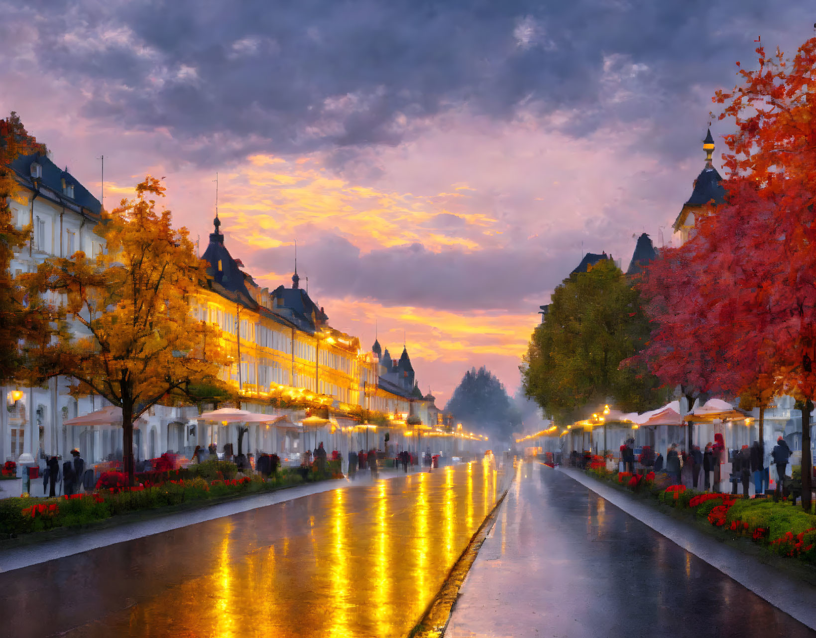 Vibrant sunset reflecting on wet cobblestone street with autumn trees and European buildings