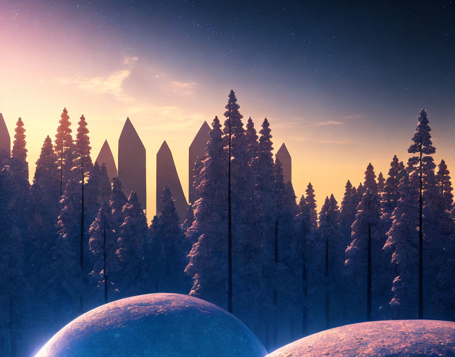 Surreal dusk landscape: silhouetted pine trees, oversized crystals, large spheres, star