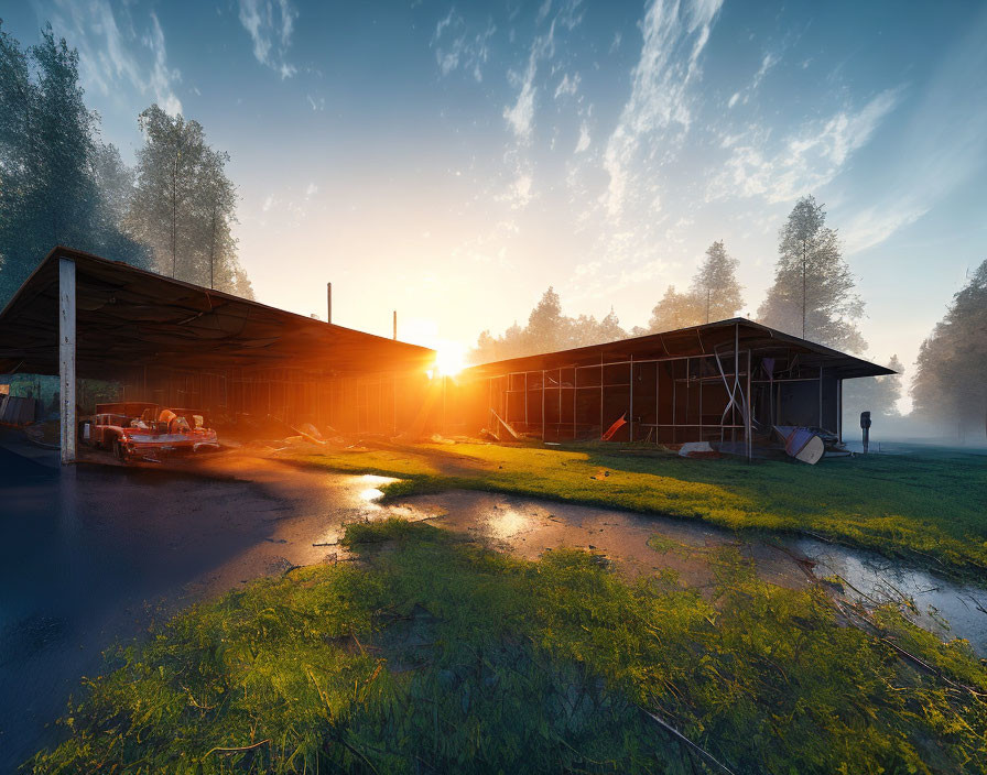 Abandoned rustic building at sunrise with silhouette and lush green grass