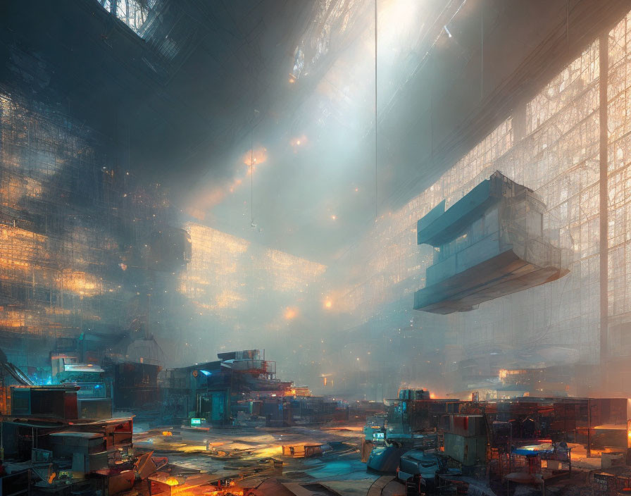 Sunlit futuristic warehouse with floating platforms and tech equipment in atmospheric setting