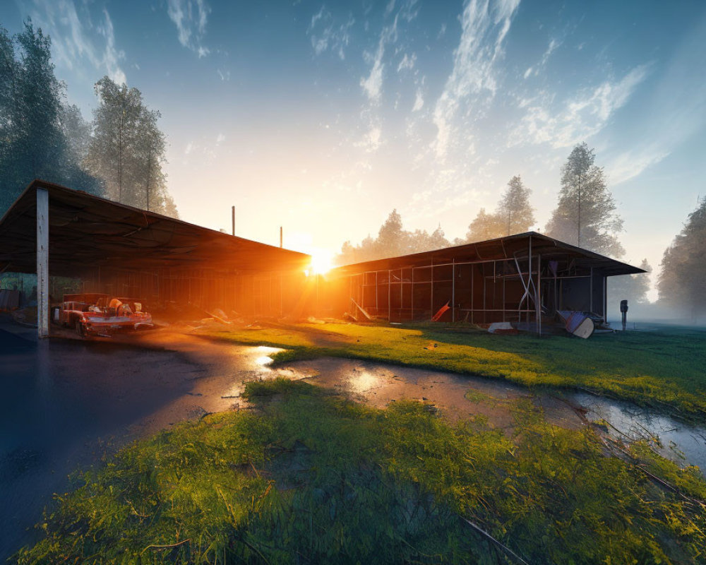 Abandoned rustic building at sunrise with silhouette and lush green grass