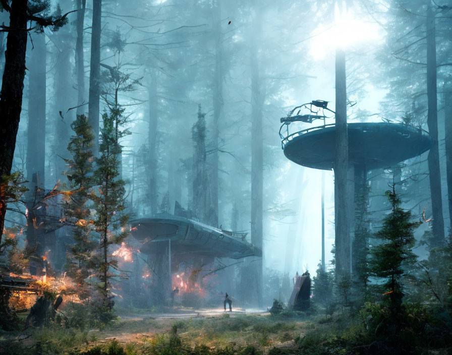 Misty forest with futuristic treehouses and lone figure in soft light