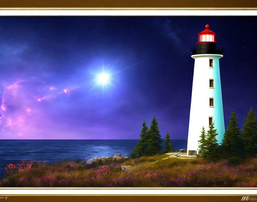 Starry night sky with lighthouse by the sea