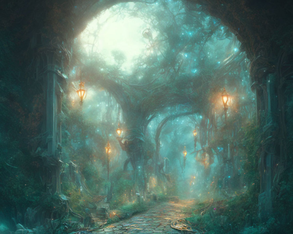 Enchanting forest path with cobblestones, lanterns, and intertwining branches in mystical fog