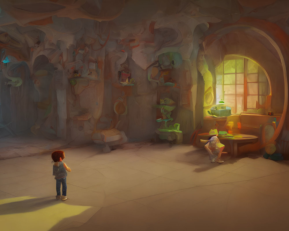 Whimsical surreal room with playful creatures and vibrant colors