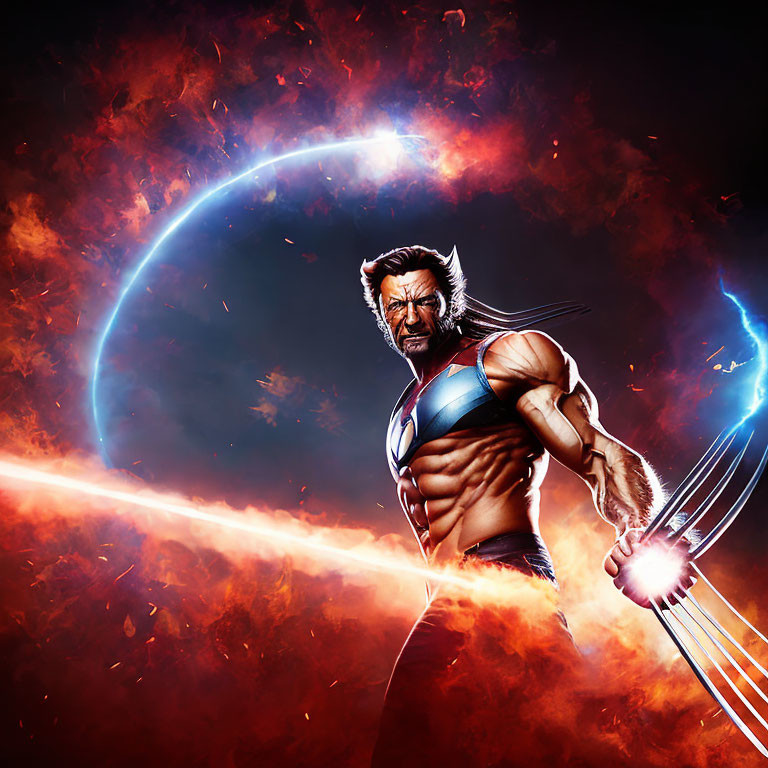 Muscular superhero with metal claws in fiery cosmic setting