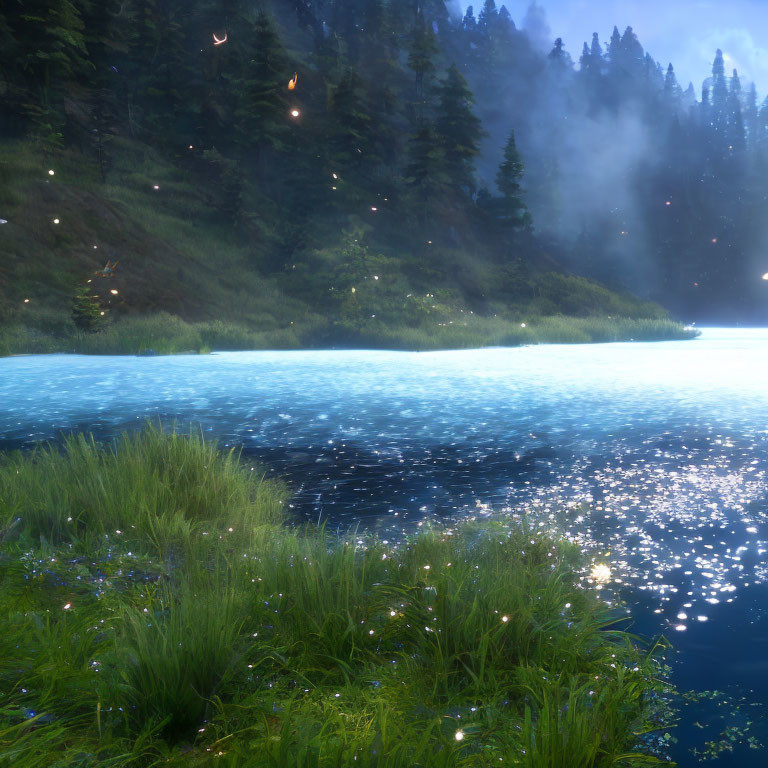 Serene lake at twilight with glowing embers and particles