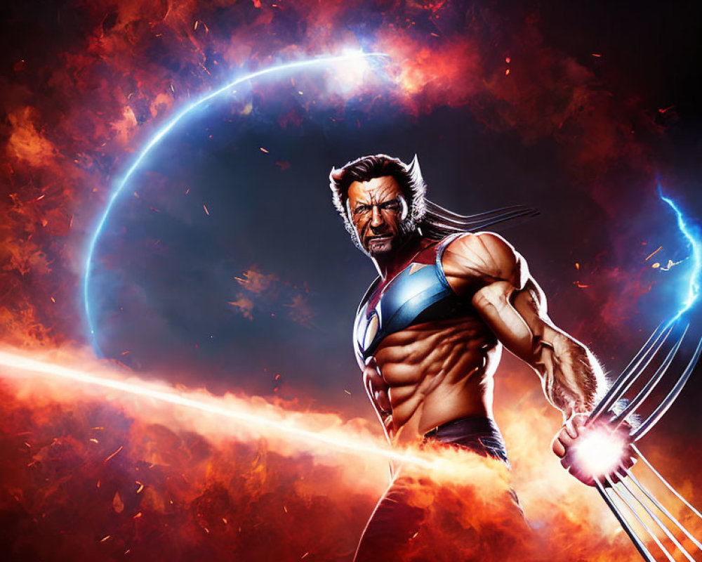 Muscular superhero with metal claws in fiery cosmic setting