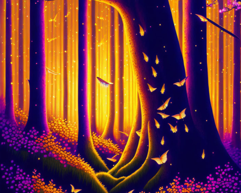 Mystical forest artwork with glowing flowers and butterflies in purple-orange twilight