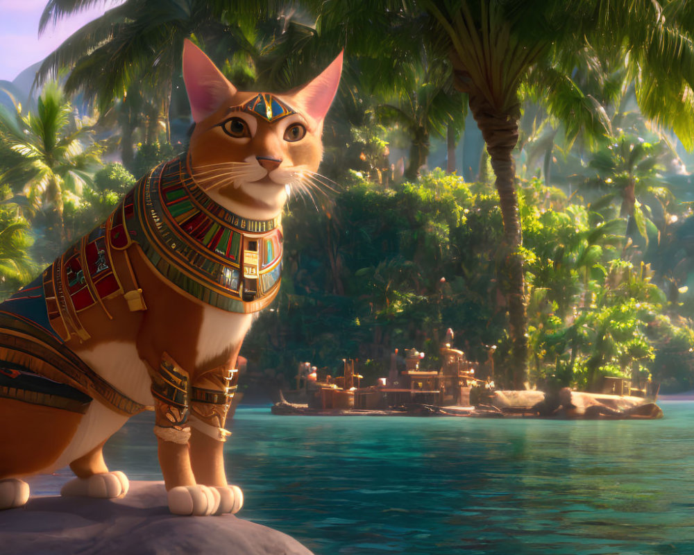 Elaborate Egyptian-like patterns on animated cat overlooking tropical lagoon