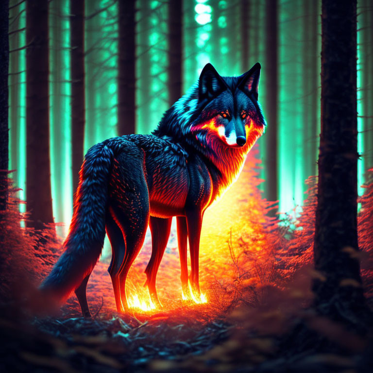 Colorful Wolf Illustration in Neon Hues Amid Mystical Forest