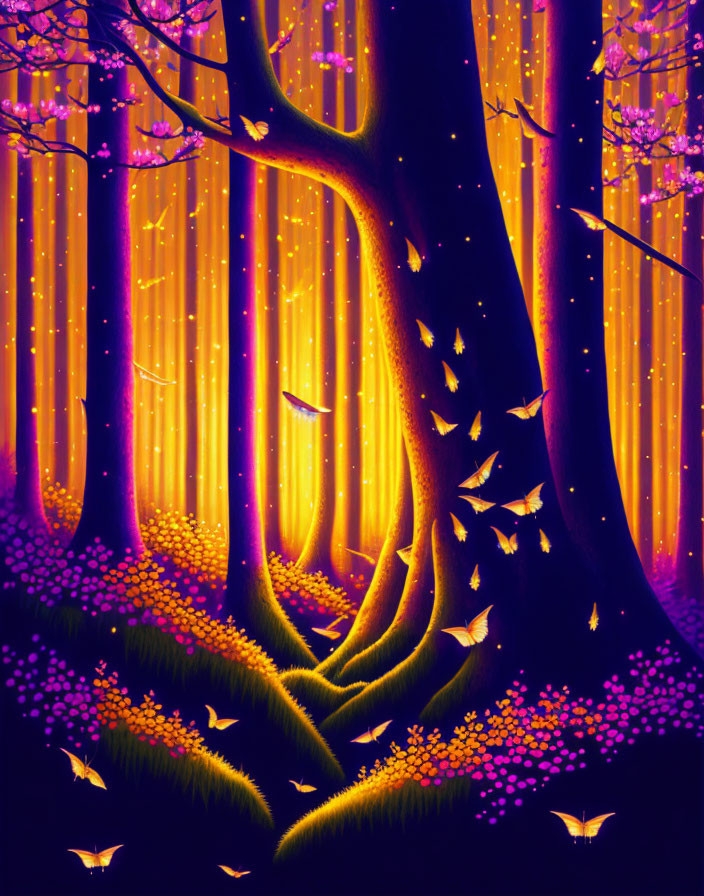 Mystical forest artwork with glowing flowers and butterflies in purple-orange twilight