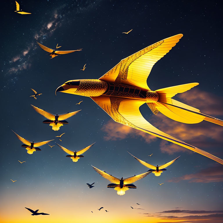 Golden mechanical bird flying among smaller birds in twilight sky with shimmering stars