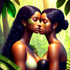 Identical animated women with dark hair and golden skin kissing in lush jungle.