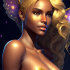 Digital portrait of woman with blonde hair, green eyes, and butterfly wings in golden light