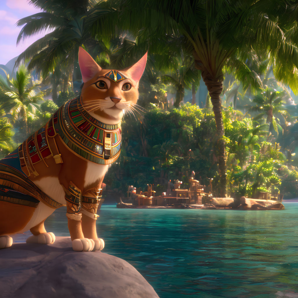 Elaborate Egyptian-like patterns on animated cat overlooking tropical lagoon