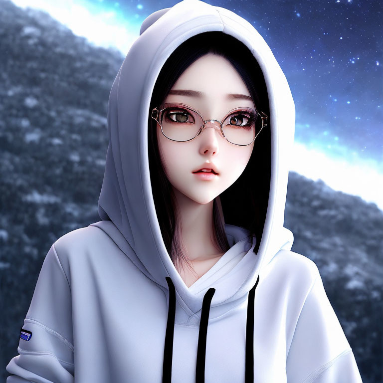 Animated character in glasses & white hoodie under starry night sky & mountain.