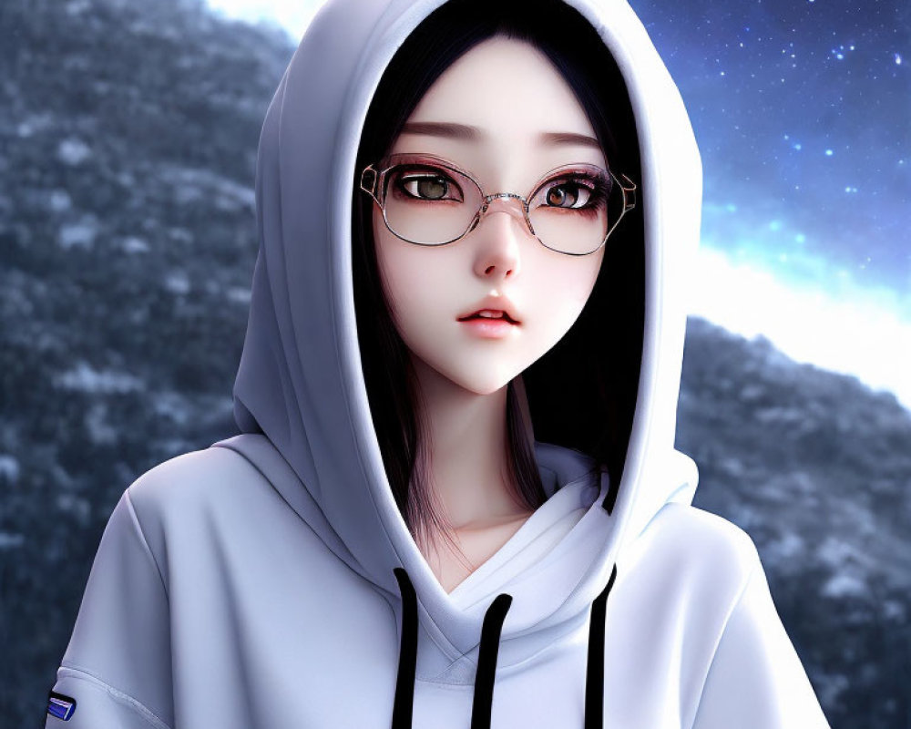 Animated character in glasses & white hoodie under starry night sky & mountain.