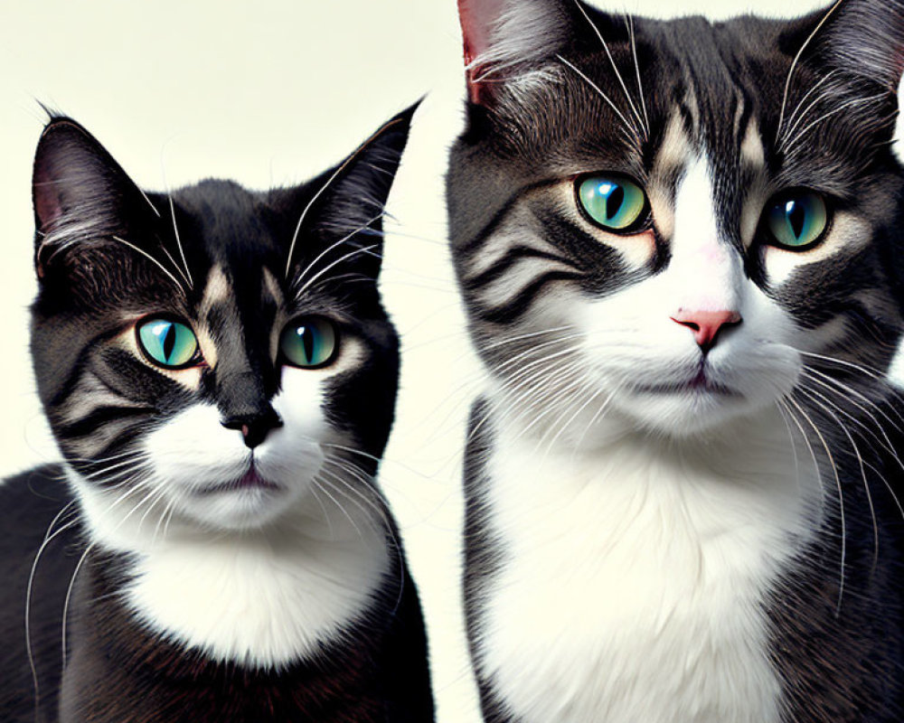 Black and White Cats with Blue-Green Eyes on Light Background