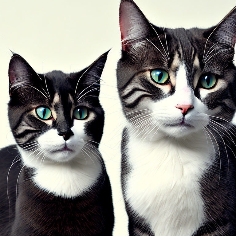 Black and White Cats with Blue-Green Eyes on Light Background