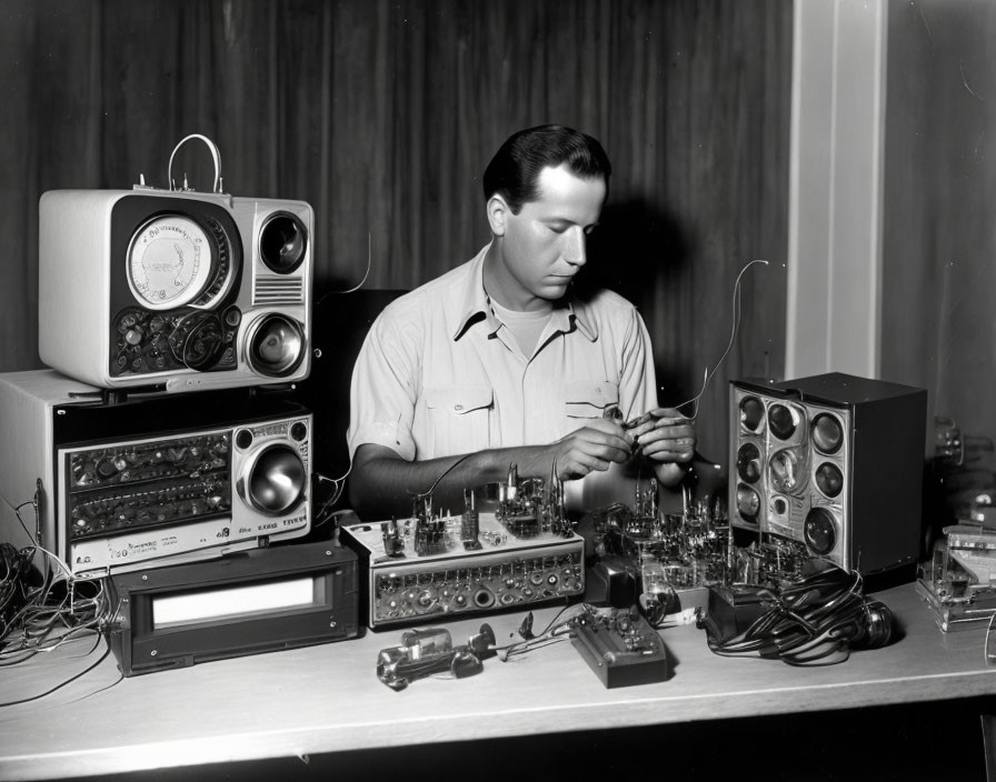 Man soldering electronic components at workbench with vintage radios.