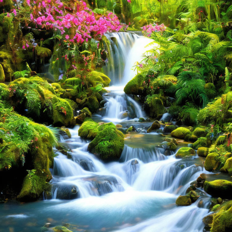 Tranquil forest scene with cascading waterfall and pink flowers