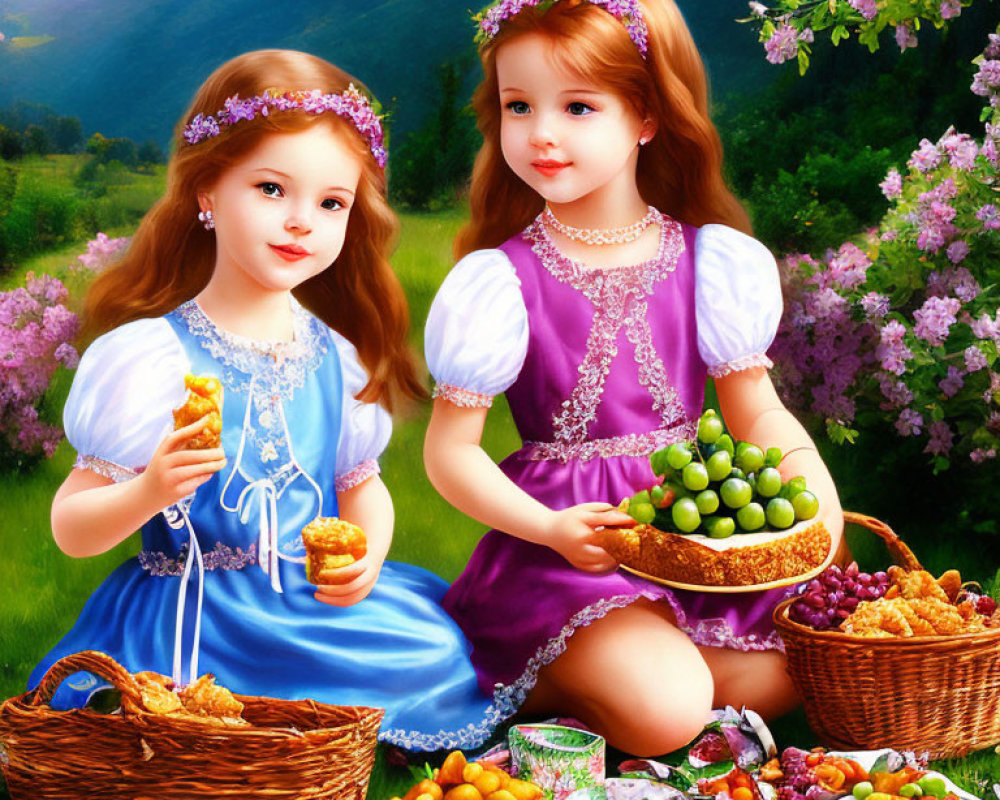 Two girls in colorful dresses enjoying a picnic in a lush green meadow