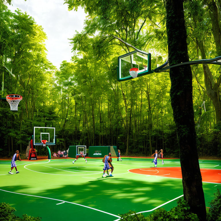 Outdoor basketball game in lush green surroundings